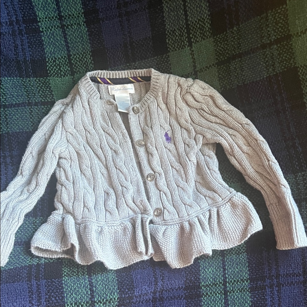 Ralph Lauren Cream Peplum Cable Knit Sweater with Purple Logo